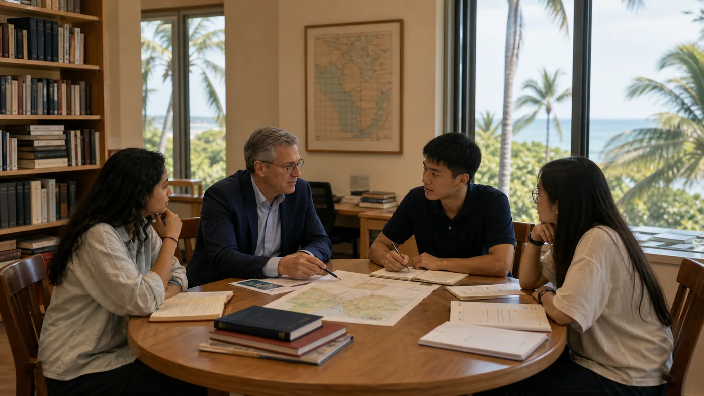 Faculty advising students in a university seminar room overlooking a coastal campus / 教师在面向海岸校园的大学研讨室中指导学生