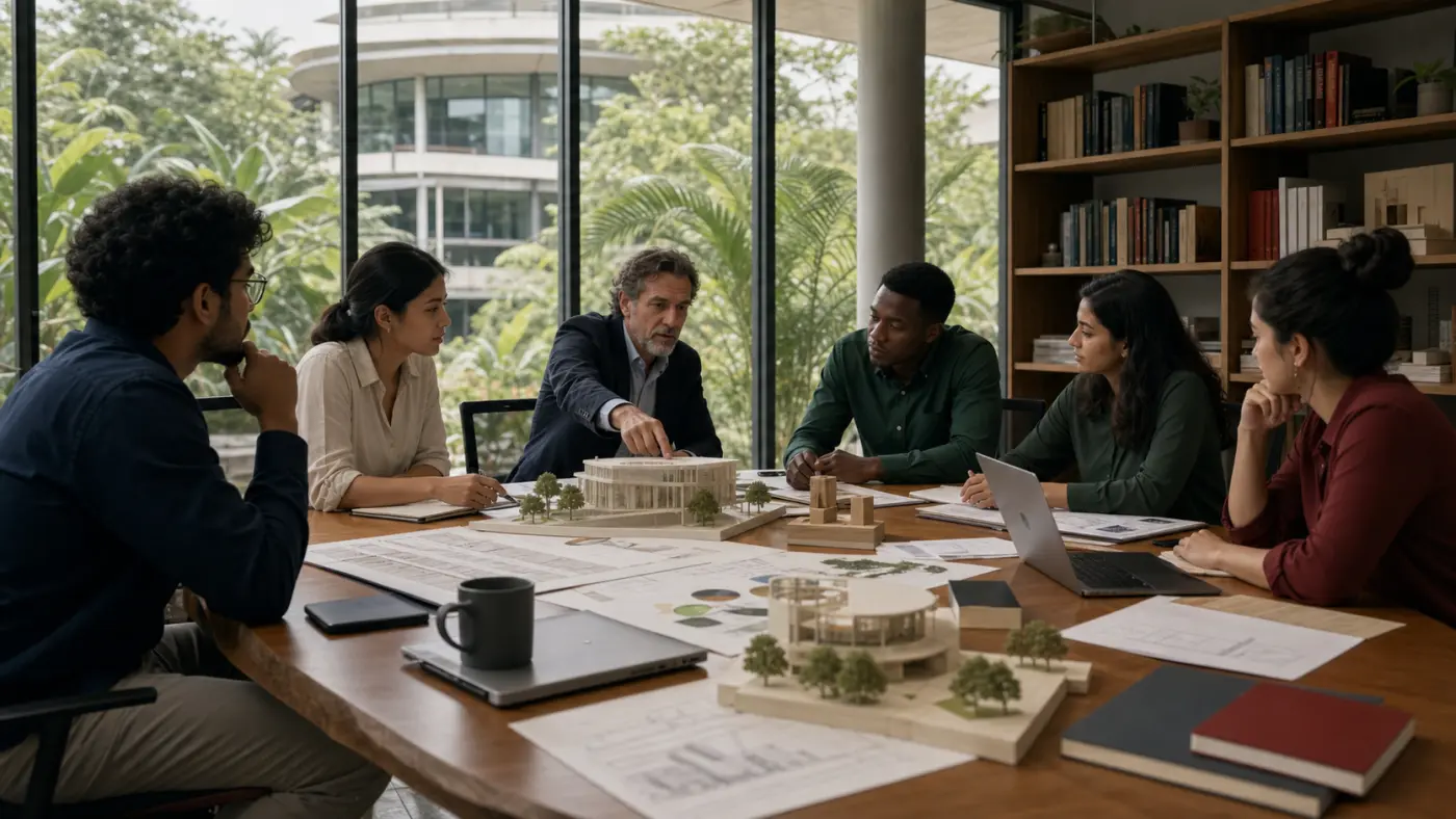 Faculty and students reviewing interdisciplinary research models / 师生共同研讨跨学科研究模型