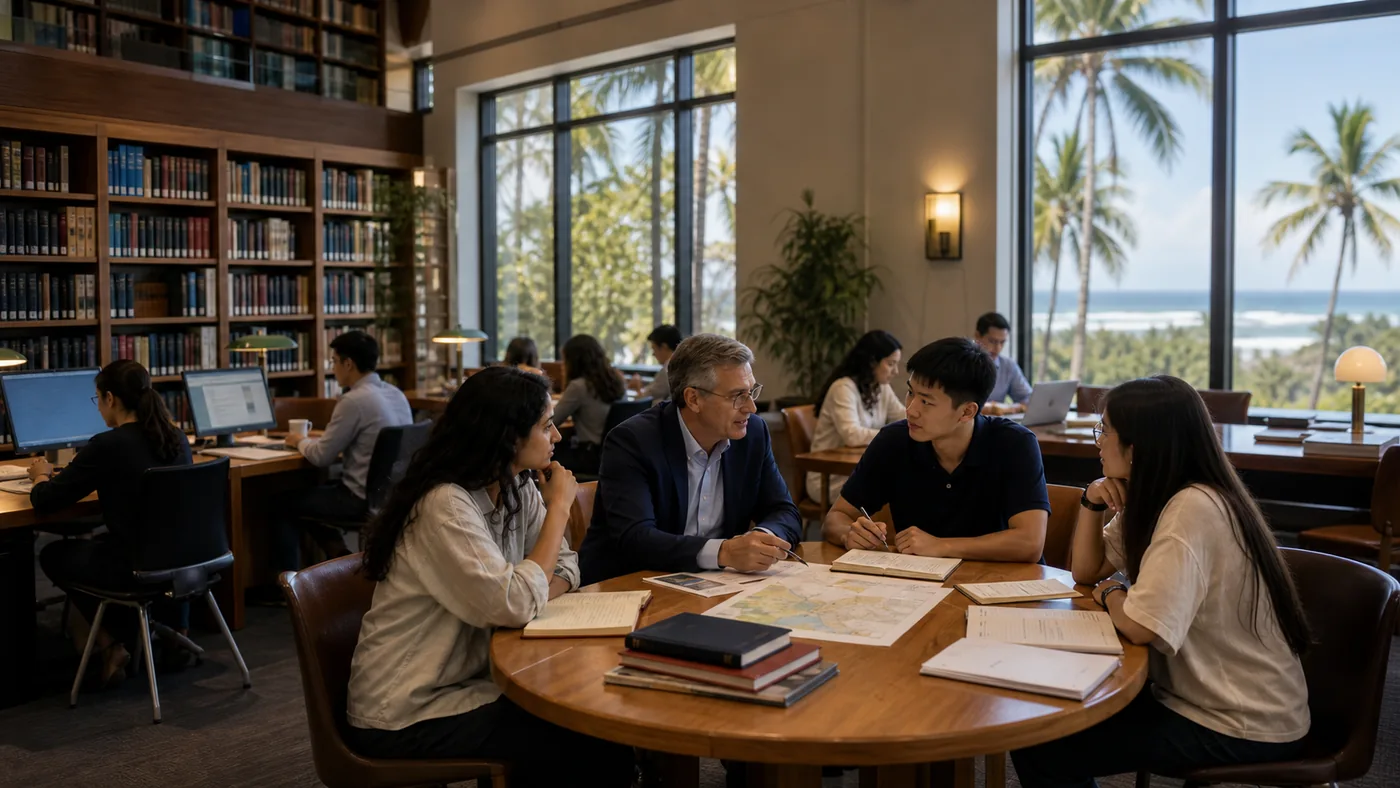 Faculty and students working in a university library and research commons overlooking a tropical campus / 教师与学生在面向热带校园的大学图书馆与研究共享空间学习