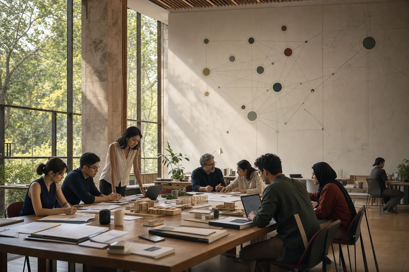 Faculty members and postgraduate students working in an interdisciplinary university academic commons / 教师与研究生在跨学院大学学术共同体空间中研讨