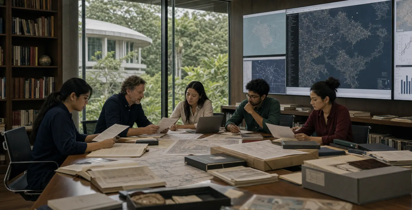 Students and faculty working together in a university research commons / 学生与教师在大学研究共享空间共同工作