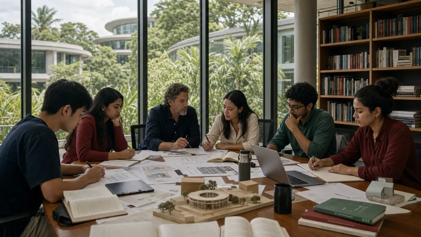 Undergraduate students and a tutor in an interdisciplinary seminar studio / 本科学生与导师在跨学科研讨空间学习